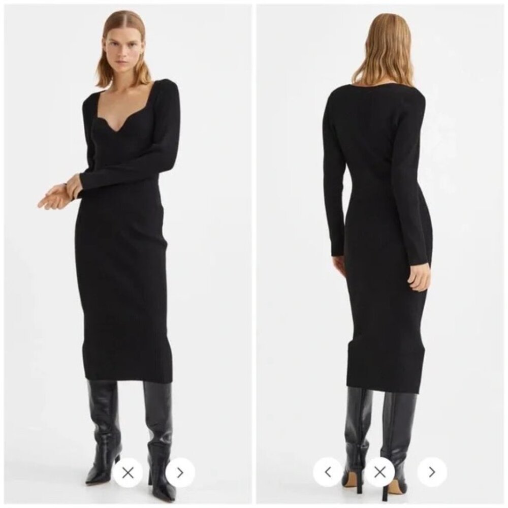 H&M Rib-Knit Black Bodycon Midi Dress Small NWT Sweetheart Neckline S